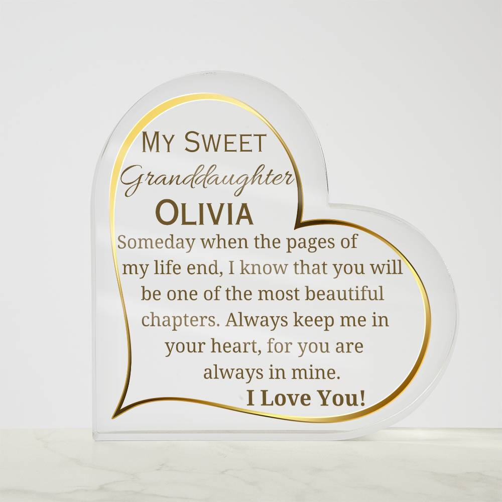 Printed Heart Shaped Acrylic Plaque, gift for granddaughter on Christmas, her birthday, thanksgiving