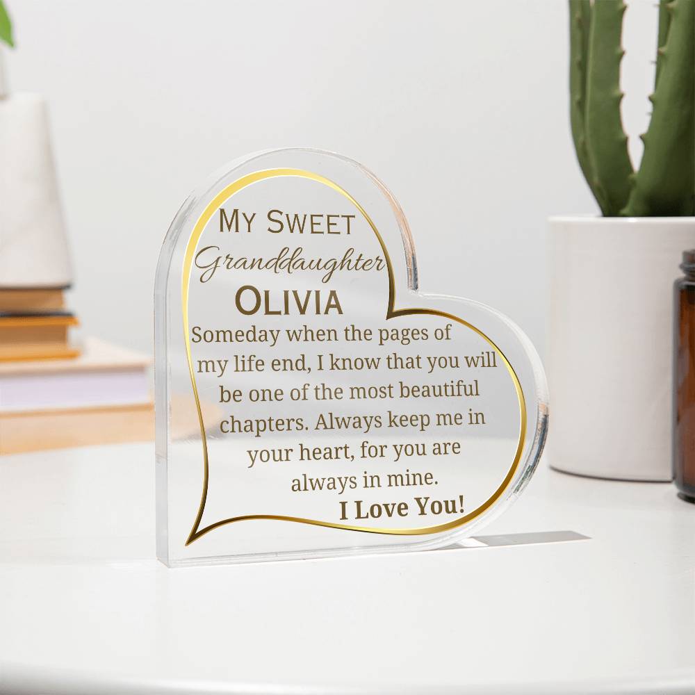 Printed Heart Shaped Acrylic Plaque, gift for granddaughter on Christmas, her birthday, thanksgiving