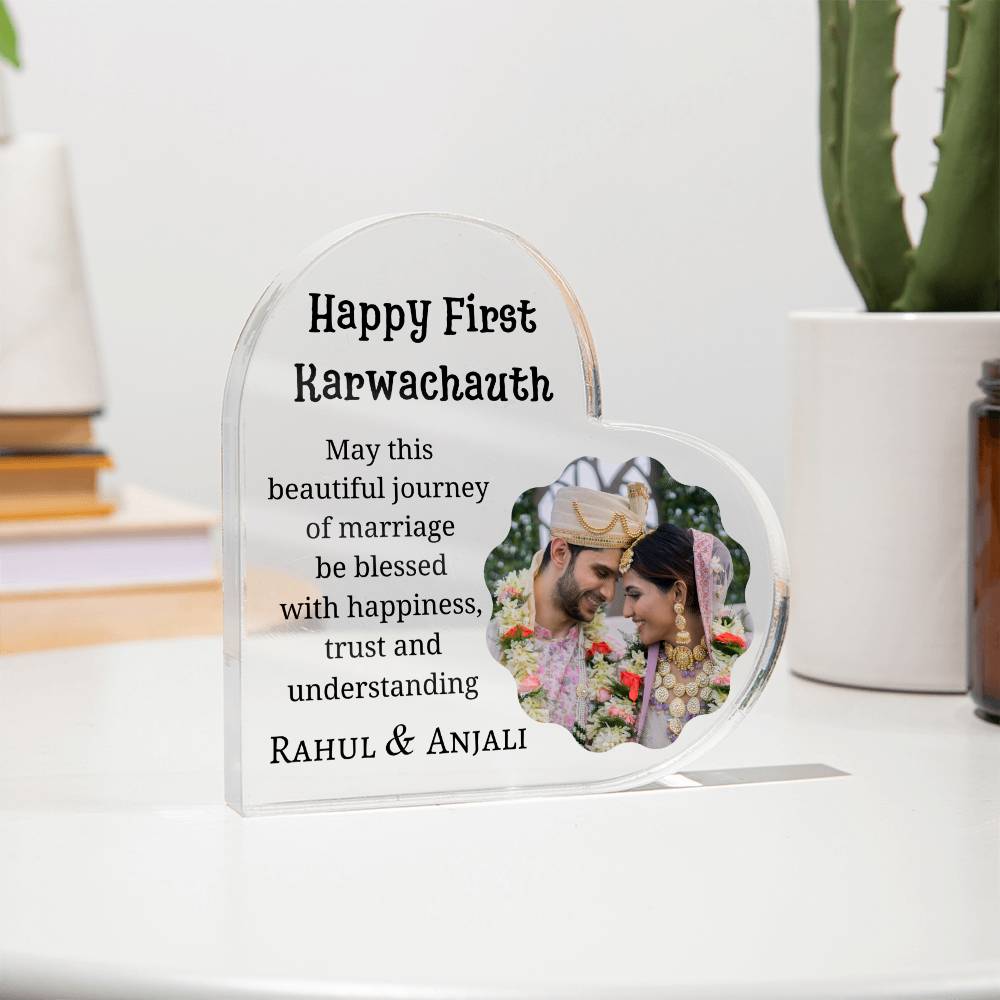 Printed Heart Shaped Acrylic Plaque, first Karwa chauth gift for son and daughter-in-law, sister-in-law, friend, couple gift