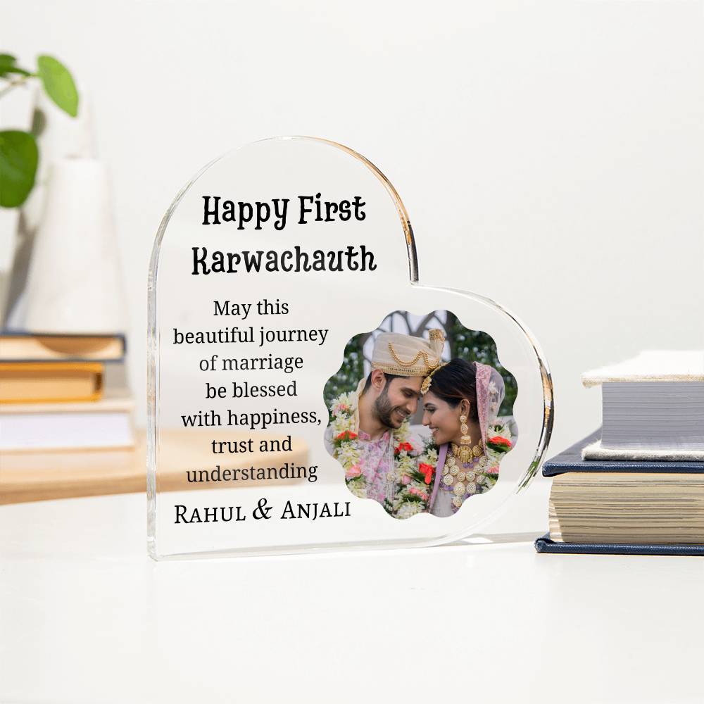 Printed Heart Shaped Acrylic Plaque, first Karwa chauth gift for son and daughter-in-law, sister-in-law, friend, couple gift