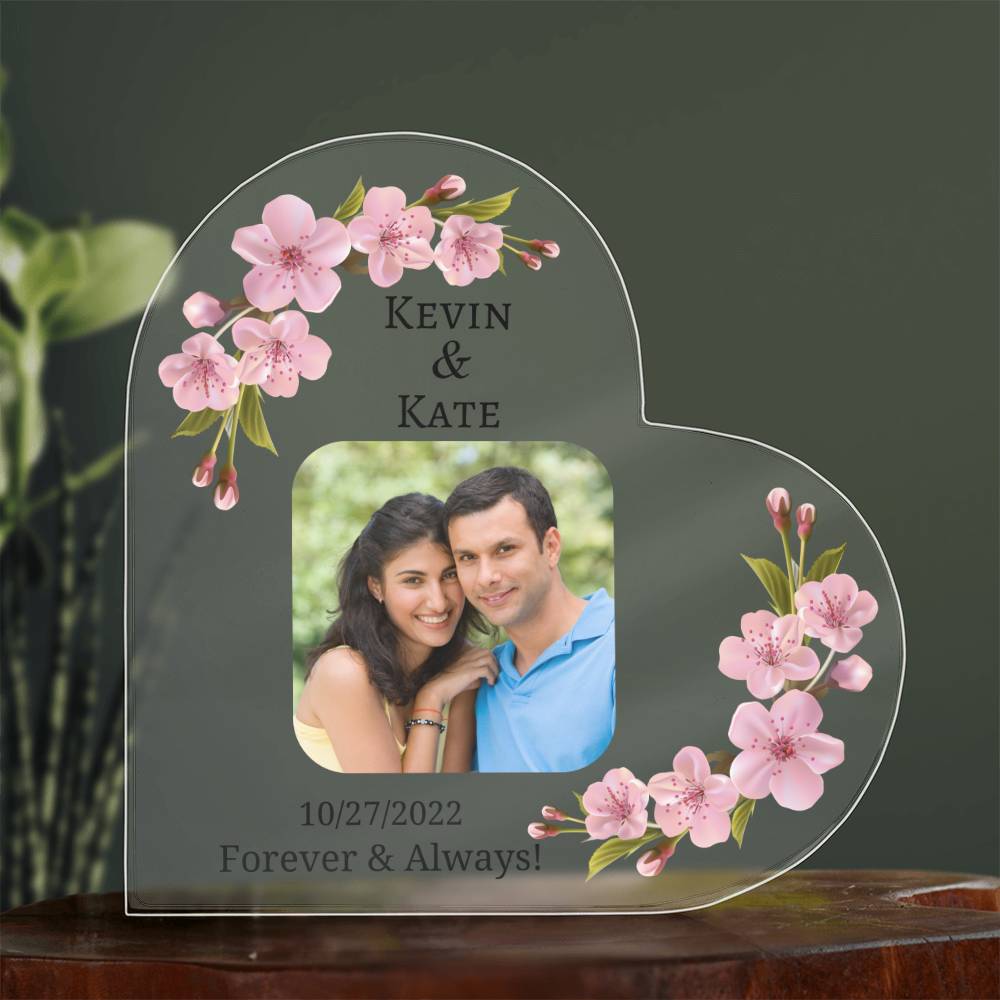 Printed Heart Shaped Acrylic Plaque, anniversary gift for husband, wife, couple