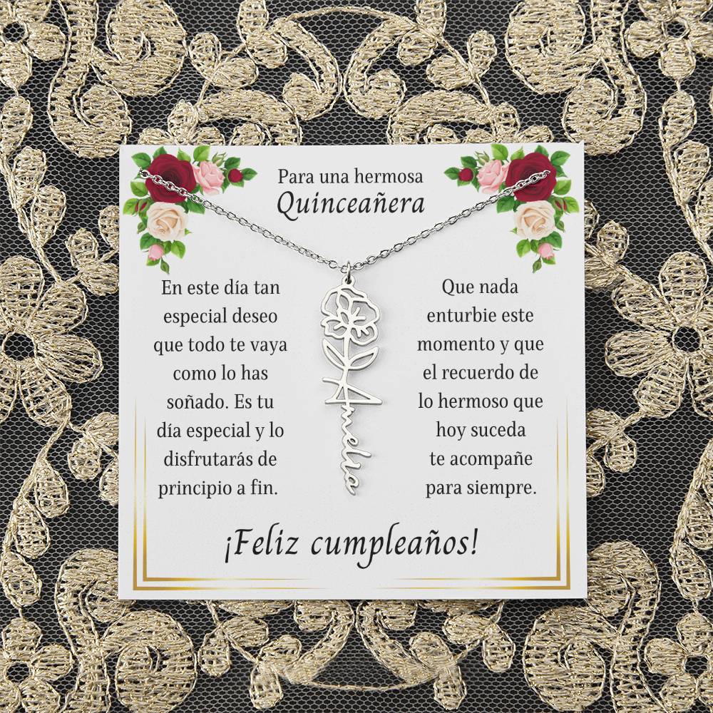 Flower Name Necklace, Quinceañera Gift Necklace, Sweet Fifteen Gifts, Regalos Para Quinceañera, Cumpleaños Agosto, August birthday