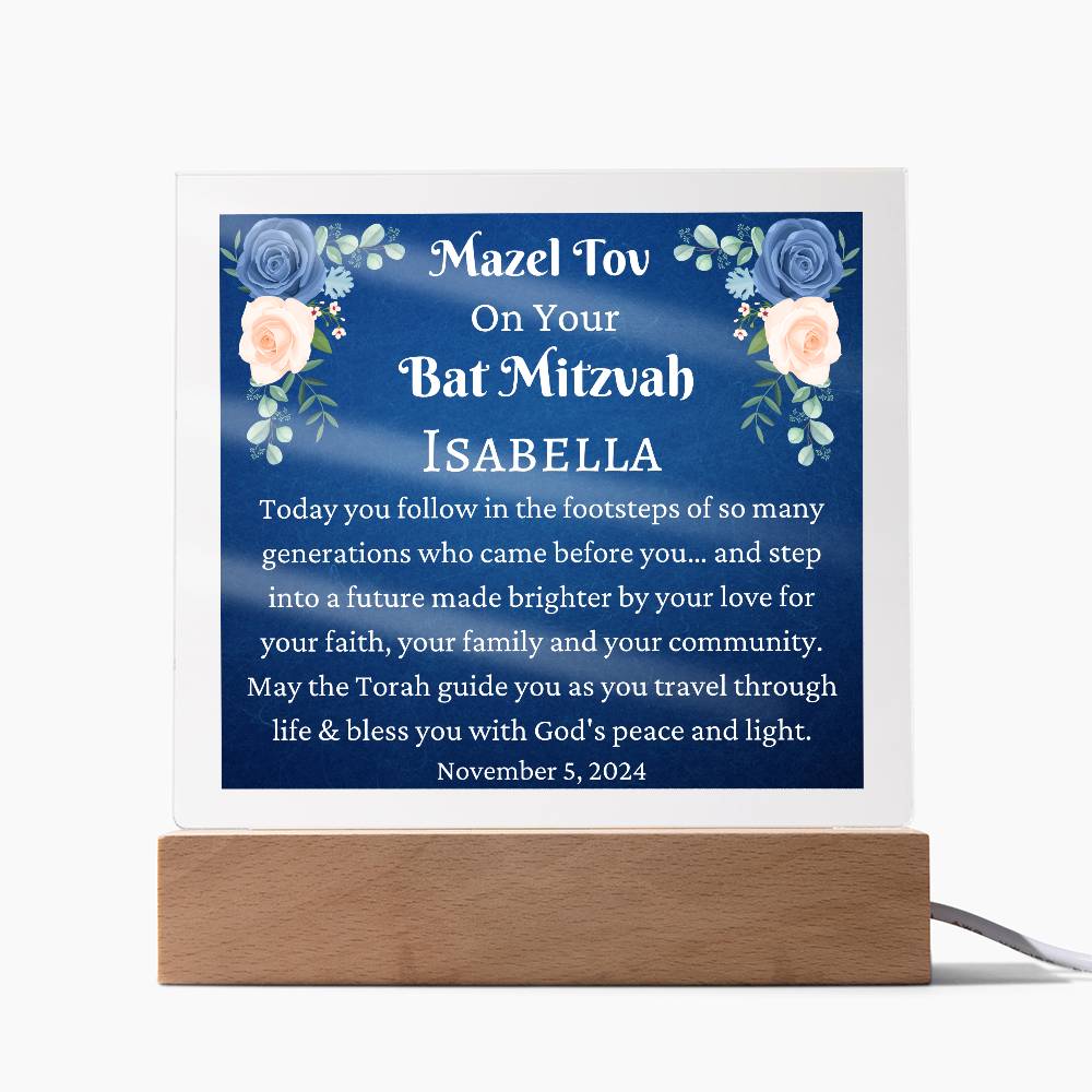 Printed Square Acrylic Plaque, Bat Mitzvah Gift, Mazel Tov Gift for Bat Mitzvah for Girl