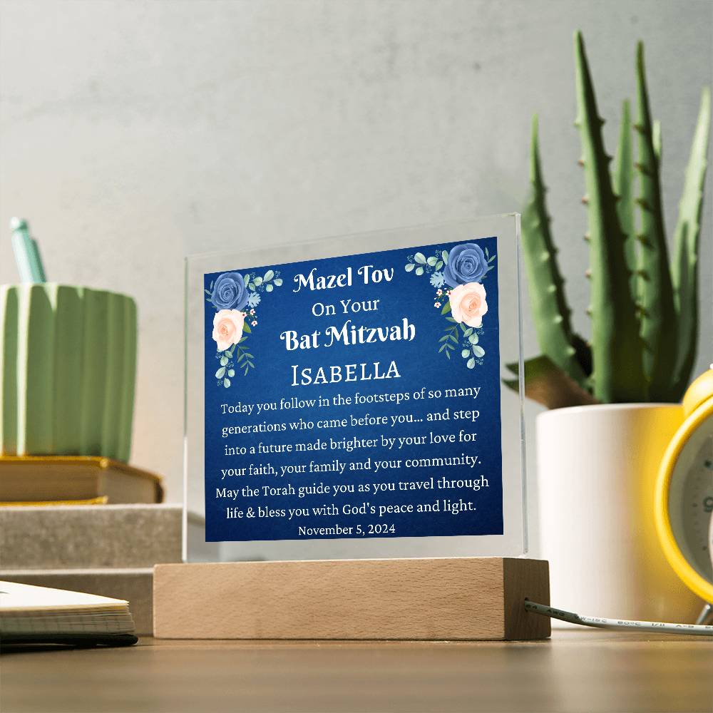 Printed Square Acrylic Plaque, Bat Mitzvah Gift, Mazel Tov Gift for Bat Mitzvah for Girl