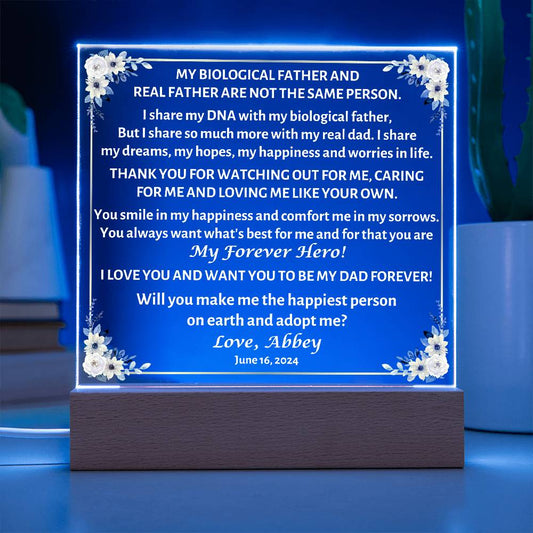 Printed Square Acrylic Plaque with LED, gift for step dad, step father, will you adopt me?