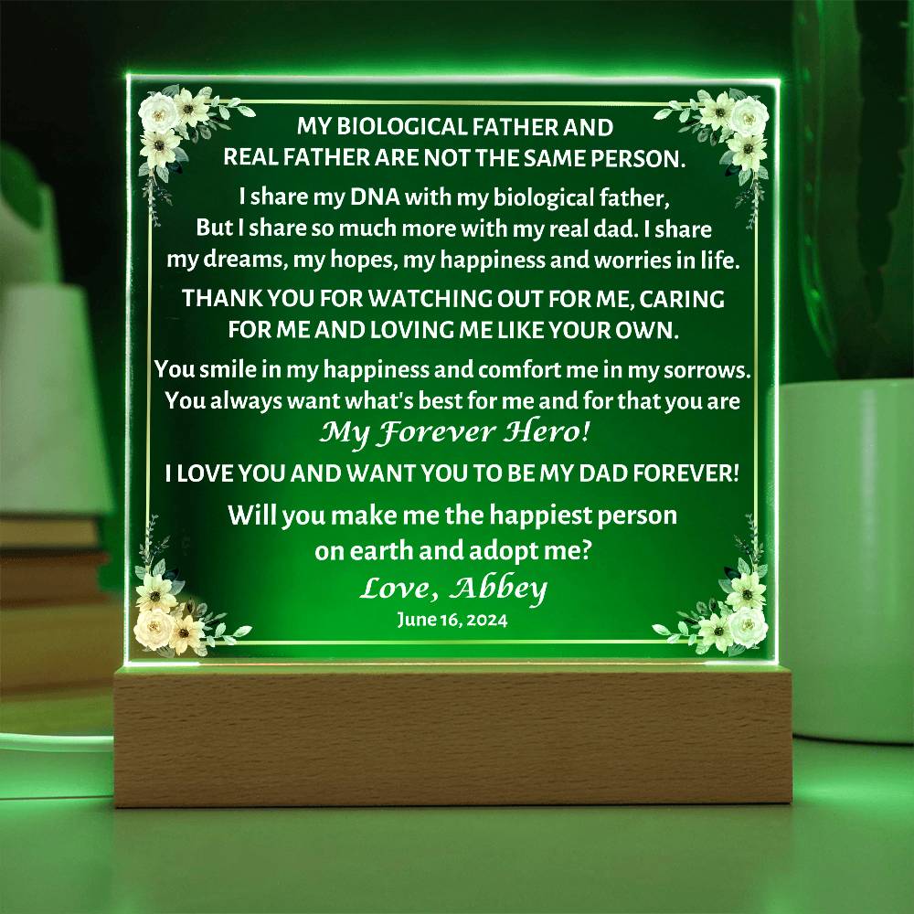 Printed Square Acrylic Plaque with LED, gift for step dad, step father, will you adopt me?