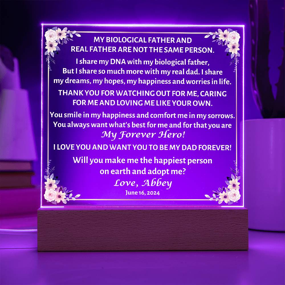 Printed Square Acrylic Plaque with LED, gift for step dad, step father, will you adopt me?