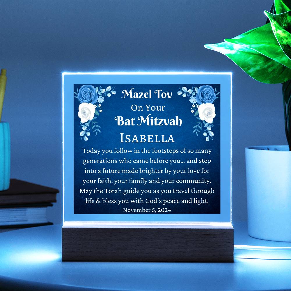 Printed Square Acrylic Plaque, Bat Mitzvah Gift, Mazel Tov Gift for Bat Mitzvah for Girl