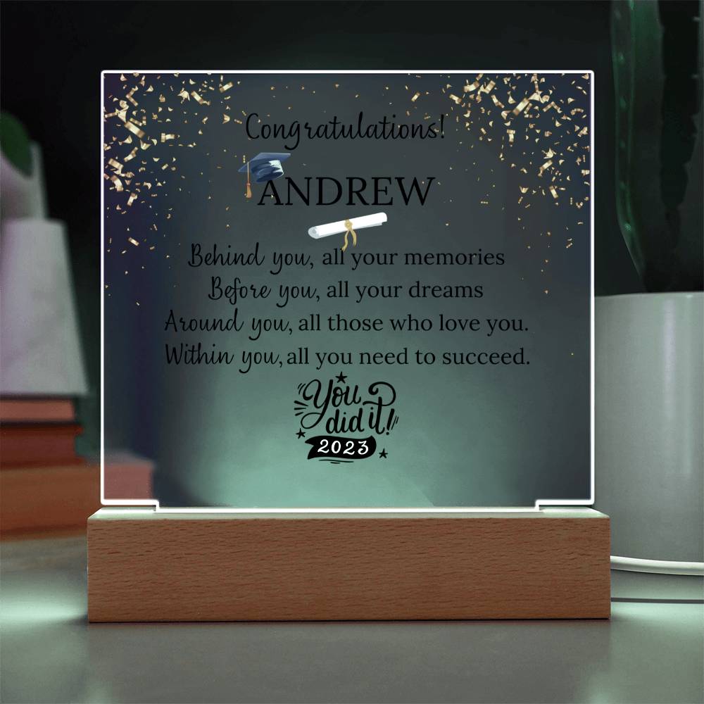 Printed Square Acrylic Plaque with LED, Personalized Graduation gift for girl or boy, class of 2024