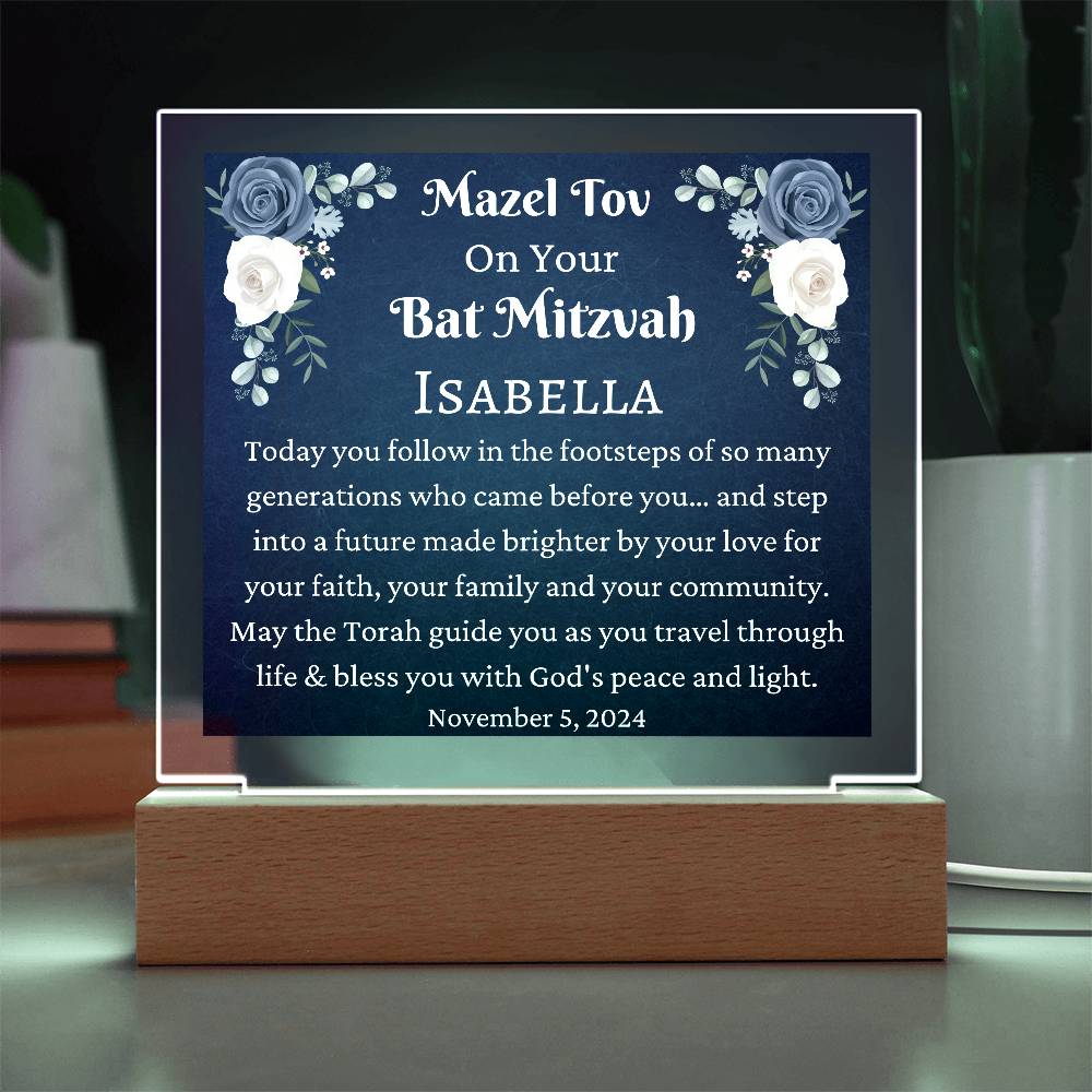 Printed Square Acrylic Plaque, Bat Mitzvah Gift, Mazel Tov Gift for Bat Mitzvah for Girl