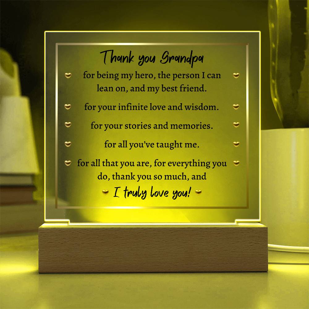 Printed Square Acrylic Plaque with LED, gift for Grandpa, Grandfather, Granddad on Father's Day, his birthday, Thanksgiving, Christmas