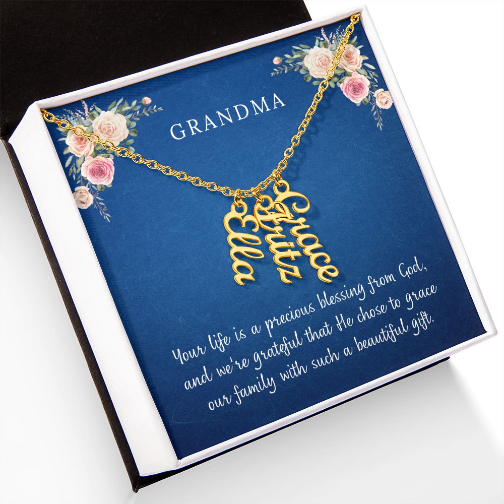 Personalized Vertical Name Necklace, gift for Grandma on her birthday, grandparents Day