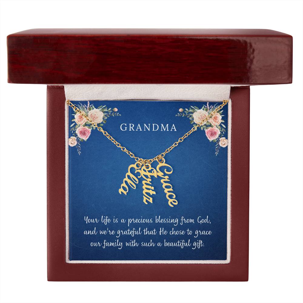 Personalized Vertical Name Necklace, gift for Grandma on her birthday, grandparents Day