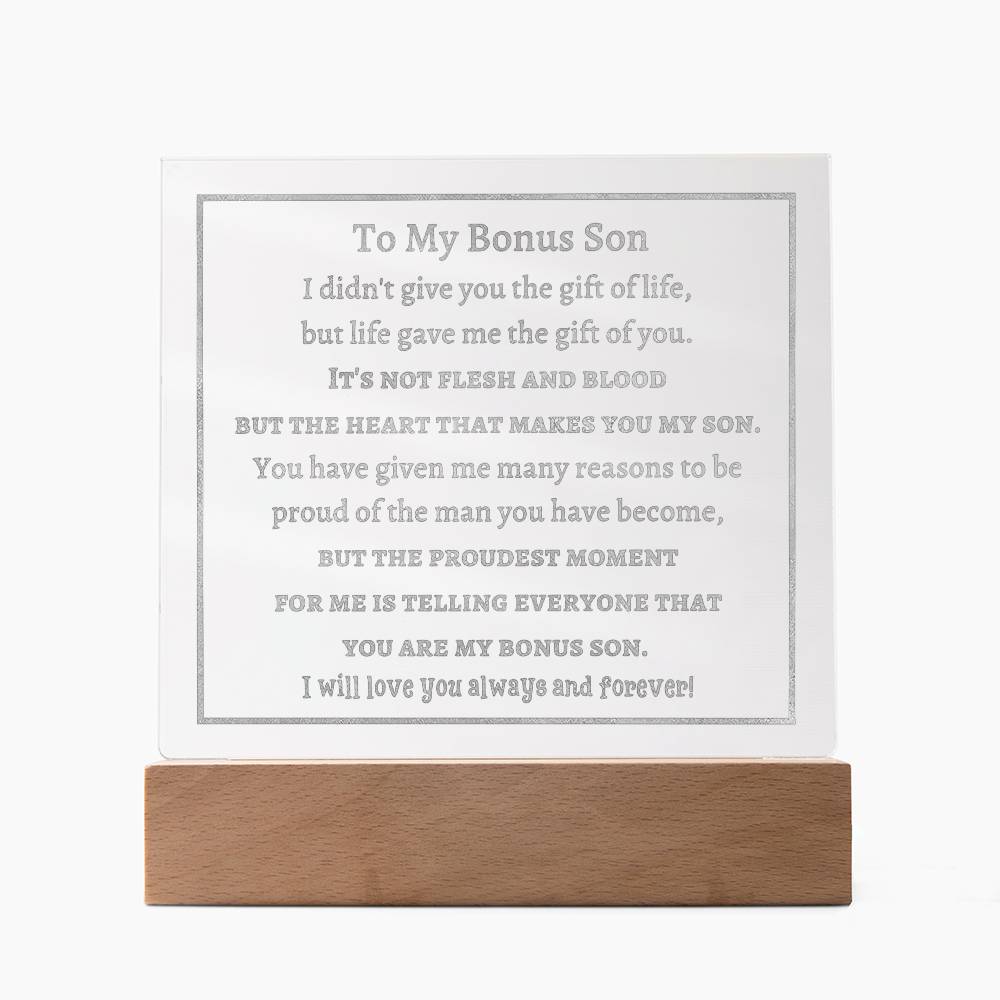 Engraved Acrylic Plaque, Gift for Bonus Son on Birthday, Graduation, Christmas, Thanksgiving