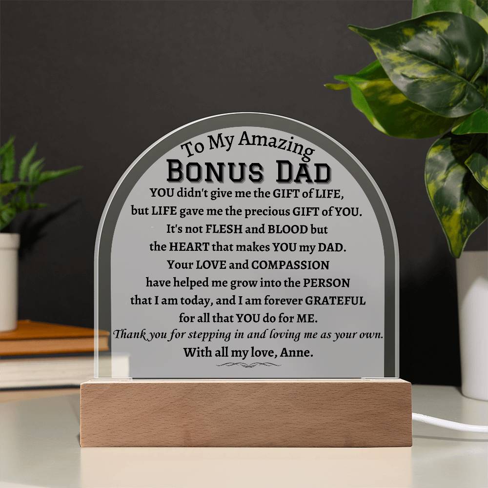 Printed Acrylic Dome Plaque with LED, gift for Bonus Dad on Father's Day, his birthday, Christmas, thanksgiving