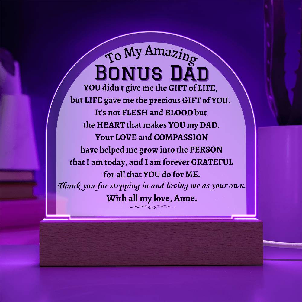 Printed Acrylic Dome Plaque with LED, gift for Bonus Dad on Father's Day, his birthday, Christmas, thanksgiving