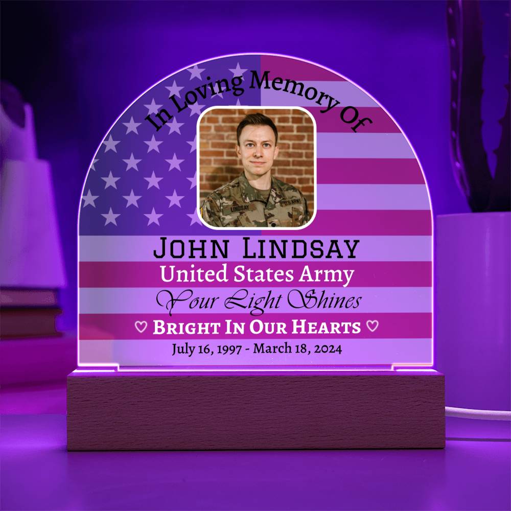 Printed Acrylic Dome Plaque with LED, Memorial Plaque for Army soldiers, Memorial Day gift.