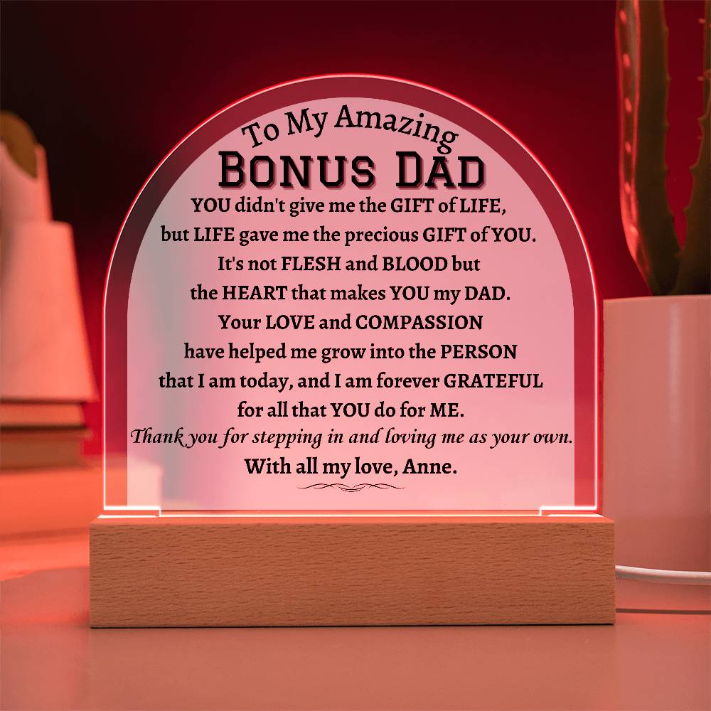 Printed Acrylic Dome Plaque with LED, gift for Bonus Dad on Father's Day, his birthday, Christmas, thanksgiving