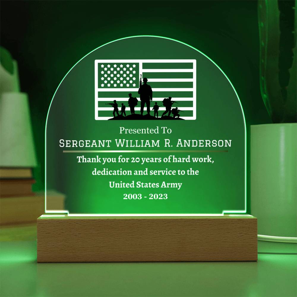 Printed Acrylic Dome Plaque with LED, Recognition gift for Army officer, veteran, Veteran's Day gift