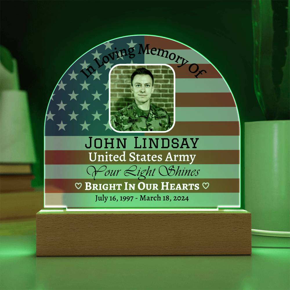 Printed Acrylic Dome Plaque with LED, Memorial Plaque for Army soldiers, Memorial Day gift.