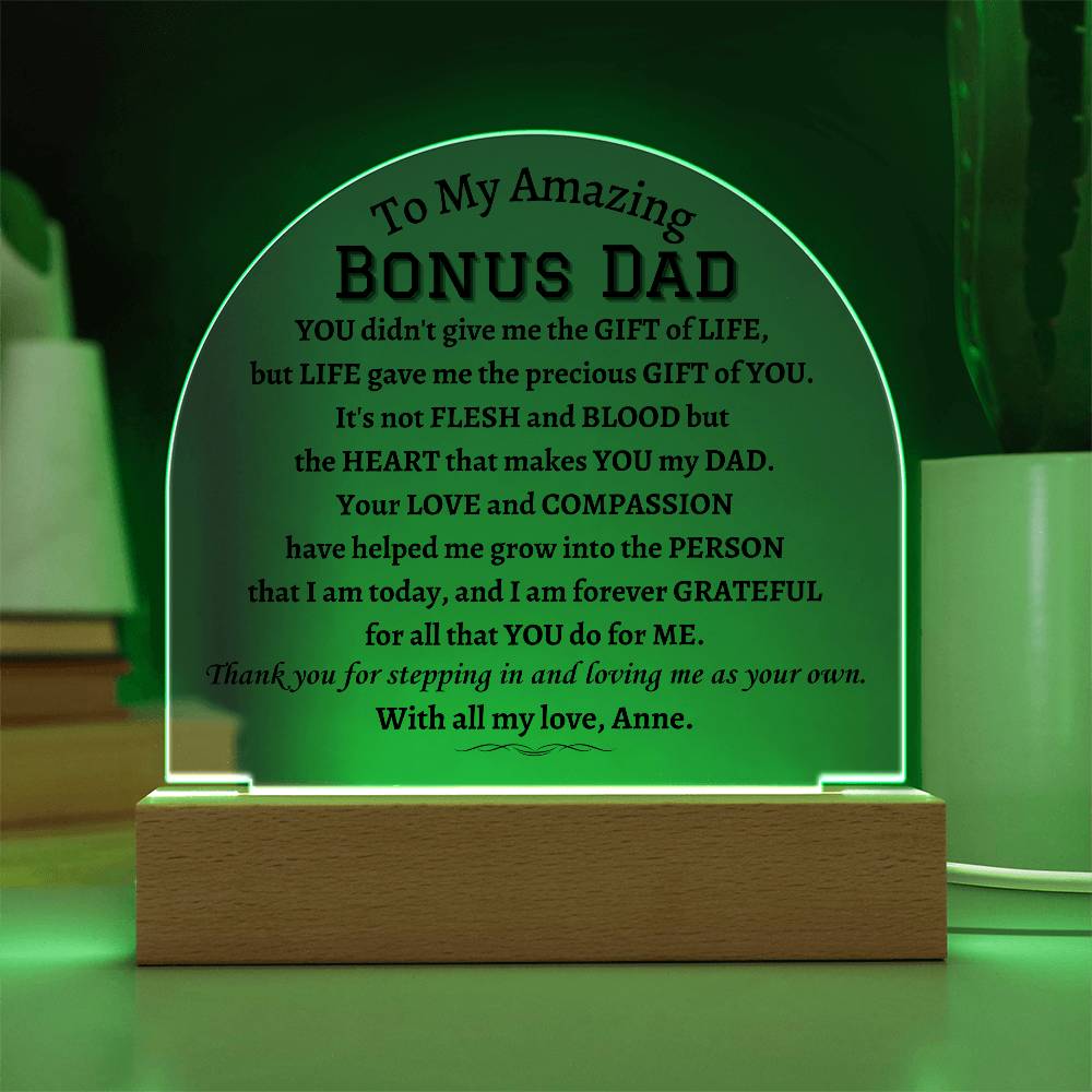 Printed Acrylic Dome Plaque with LED, gift for Bonus Dad on Father's Day, his birthday, Christmas, thanksgiving