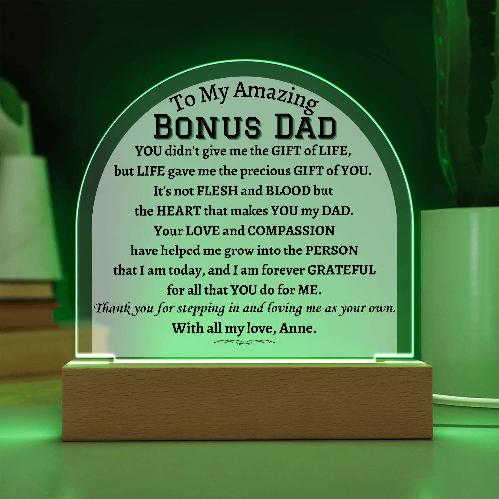 Printed Acrylic Dome Plaque with LED, gift for Bonus Dad on Father's Day, his birthday, Christmas, thanksgiving