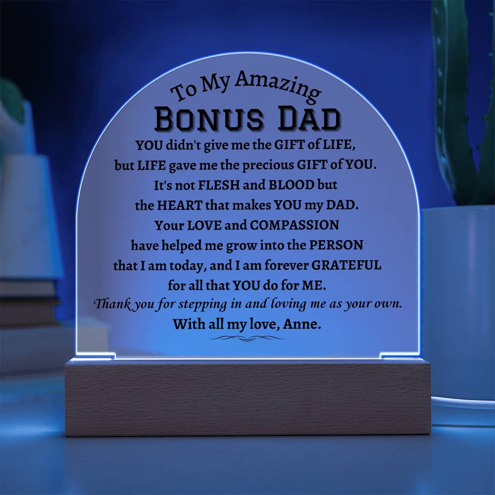 Printed Acrylic Dome Plaque with LED, gift for Bonus Dad on Father's Day, his birthday, Christmas, thanksgiving