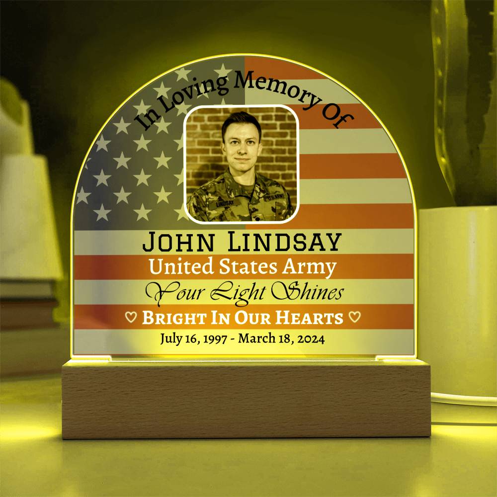 Printed Acrylic Dome Plaque with LED, Memorial Plaque for Army soldiers, Memorial Day gift.