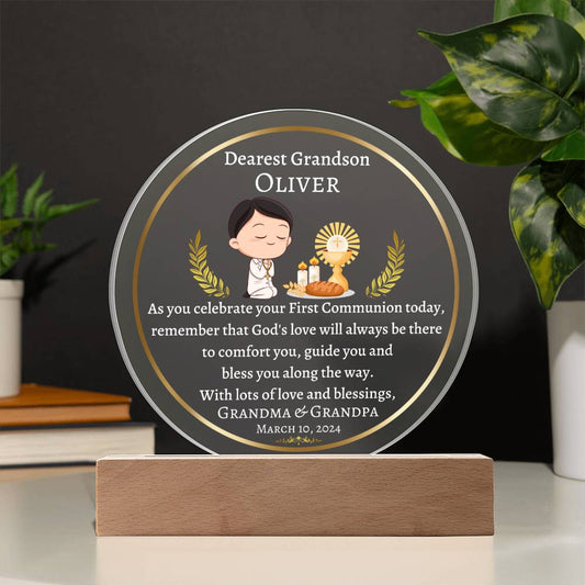 Printed Circle Acrylic Plaque, gift for grandson on his First Holy Communion