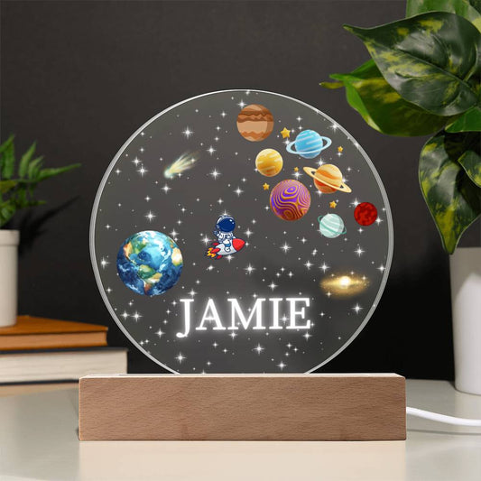 Printed Circle Acrylic Plaque, space themed night lamp for kids, son, grandson, nephew, gift for International Space Day