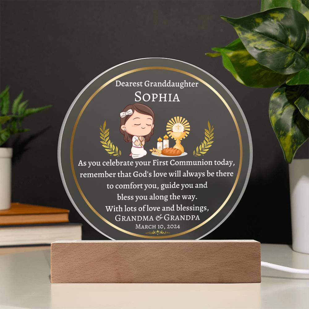 Printed Circle Acrylic Plaque, gift for granddaughter on his First Holy Communion