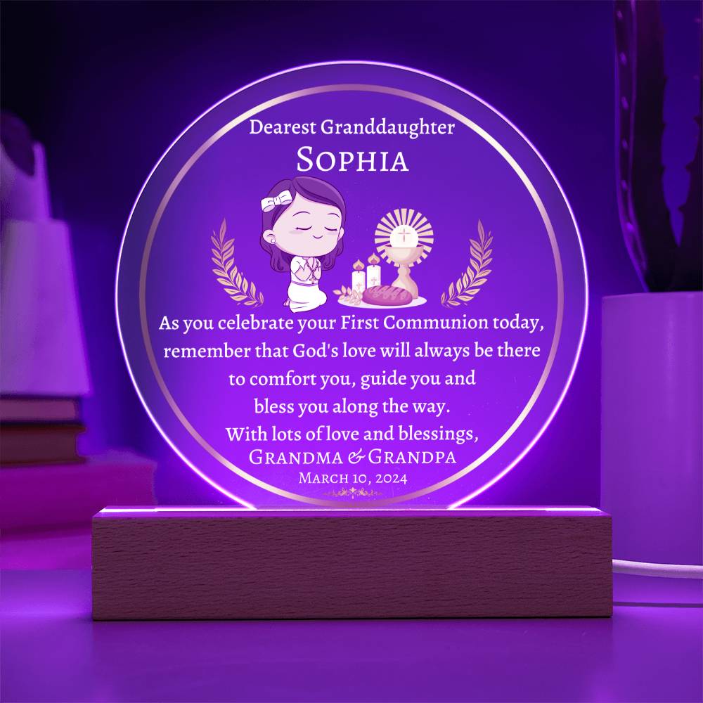 Printed Circle Acrylic Plaque, gift for granddaughter on his First Holy Communion