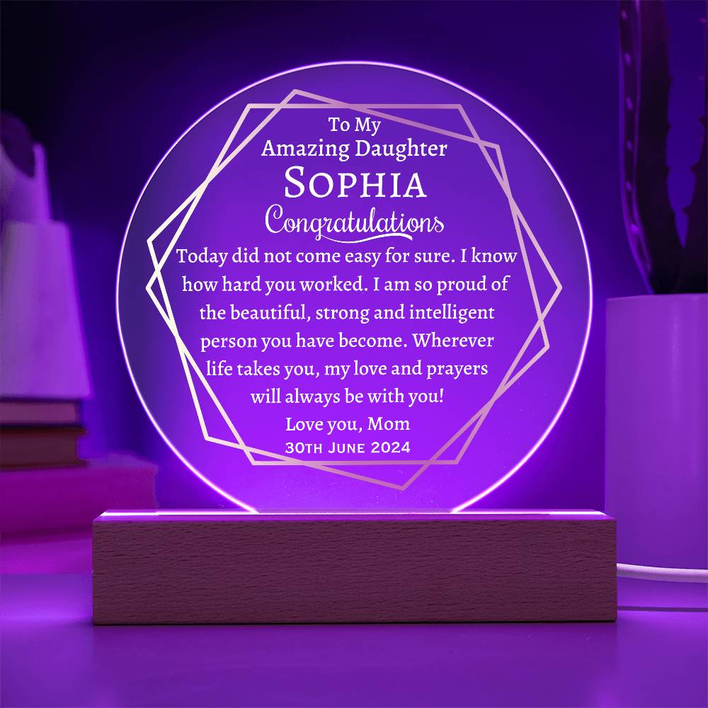 Printed Circle Acrylic Plaque with LED, graduation gift for daughter, class of 2024