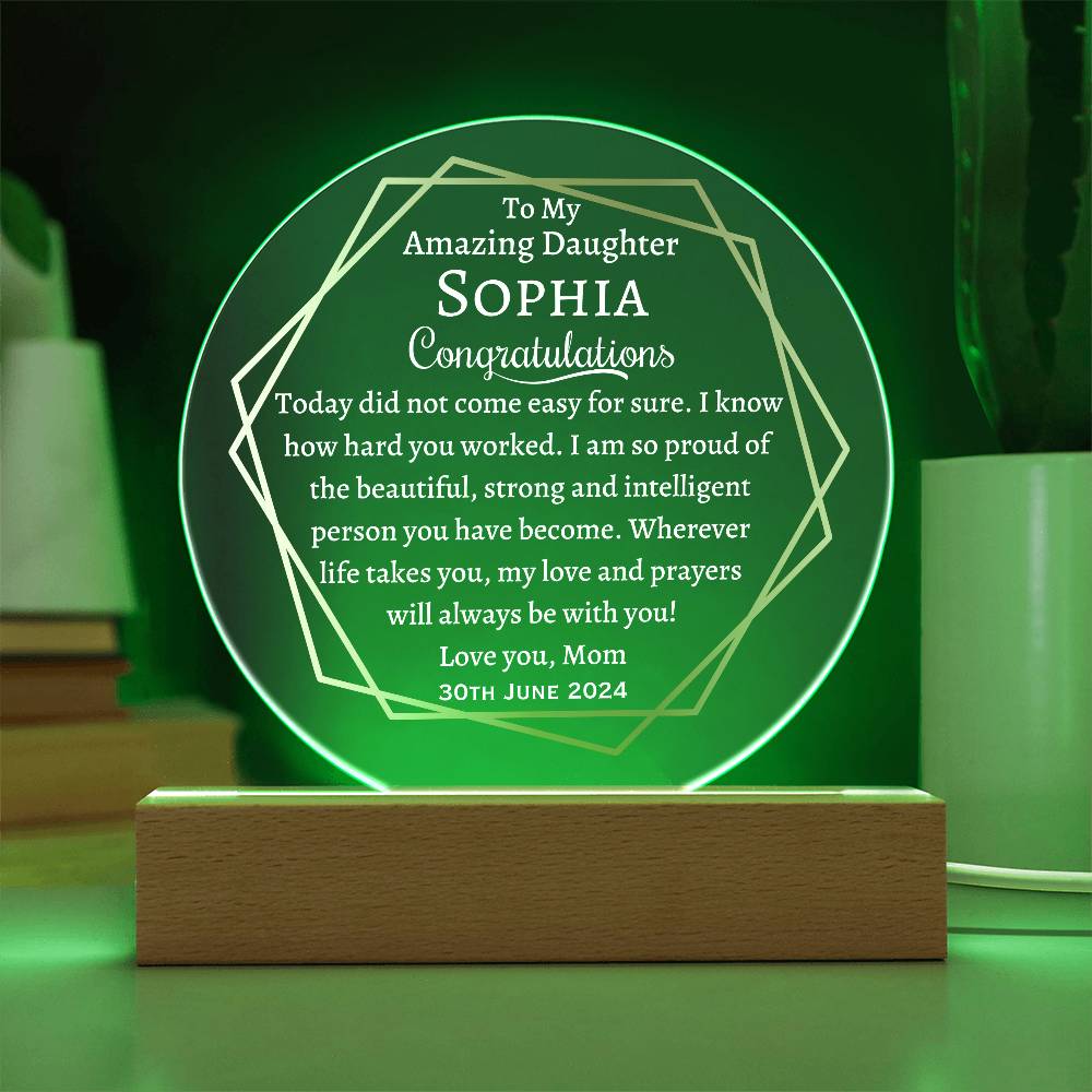 Printed Circle Acrylic Plaque with LED, graduation gift for daughter, class of 2024