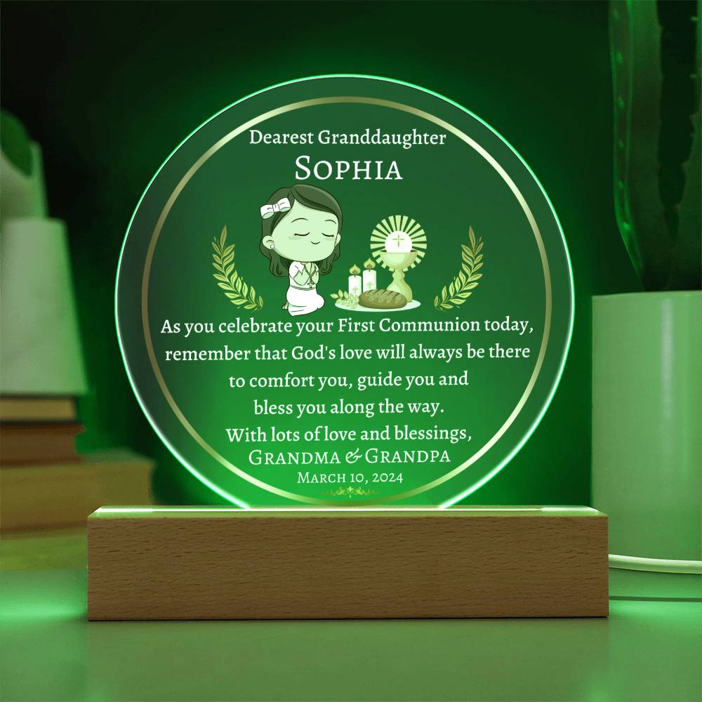 Printed Circle Acrylic Plaque, gift for granddaughter on his First Holy Communion