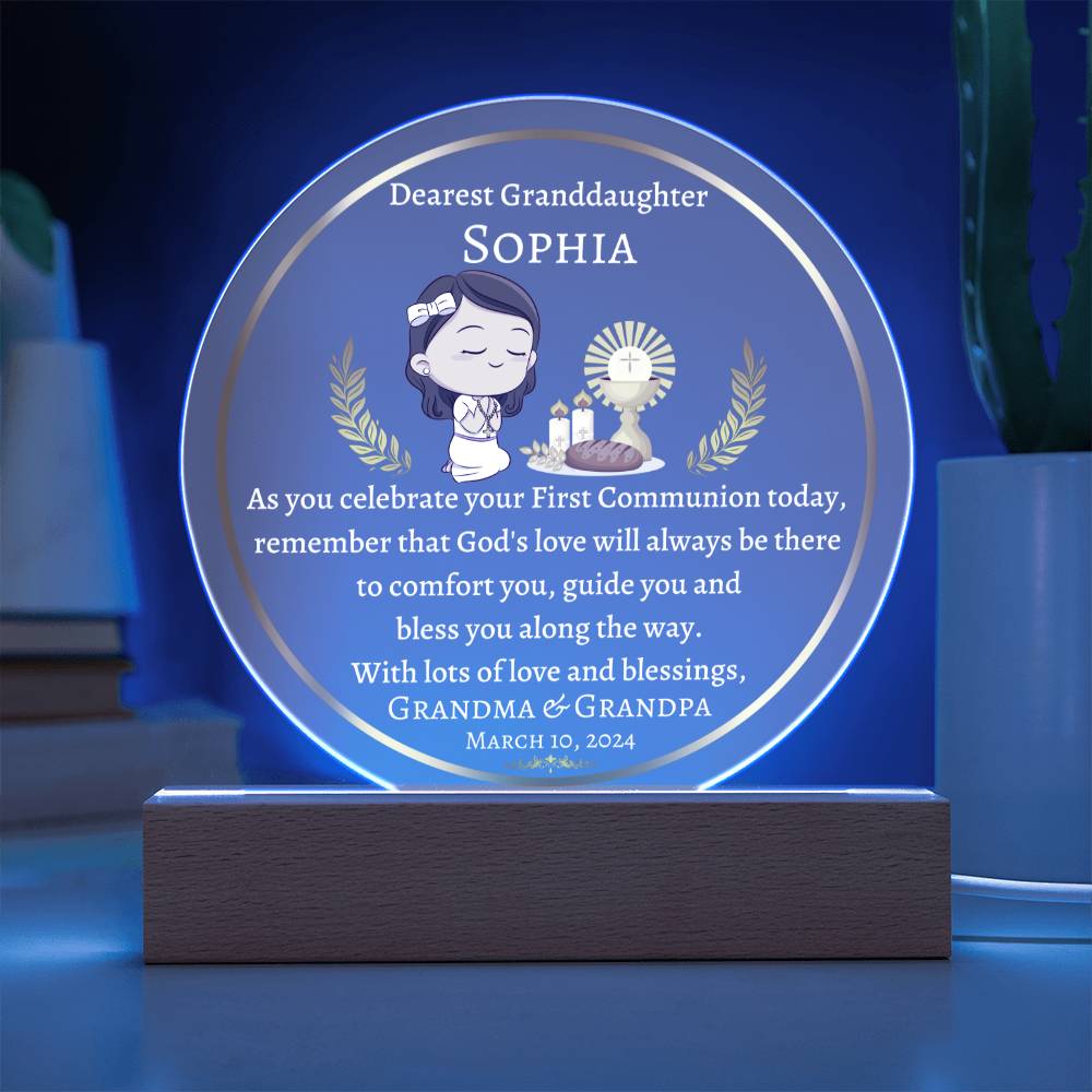 Printed Circle Acrylic Plaque, gift for granddaughter on his First Holy Communion