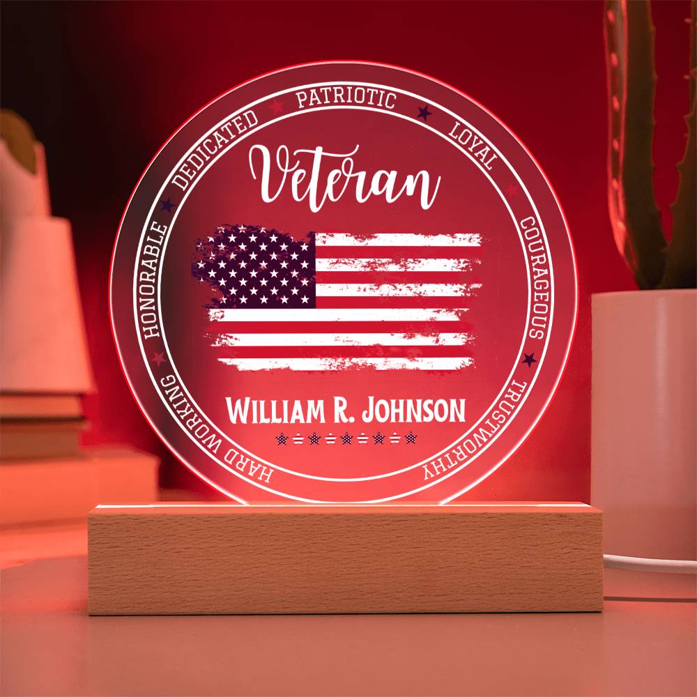 Printed Circle Acrylic Plaque with LED, Veterans Day gift for Army Veteran, Military, Navy, Air force