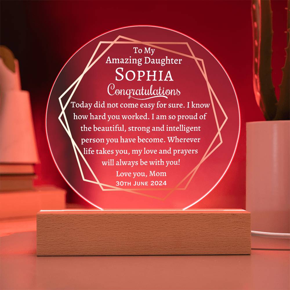 Printed Circle Acrylic Plaque with LED, graduation gift for daughter, class of 2024