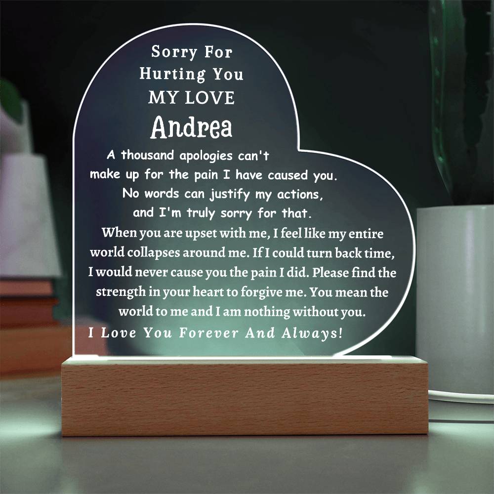 Printed Heart Acrylic Plaque with LED, gift for girlfriend, wife, partner, to say sorry, apologize.