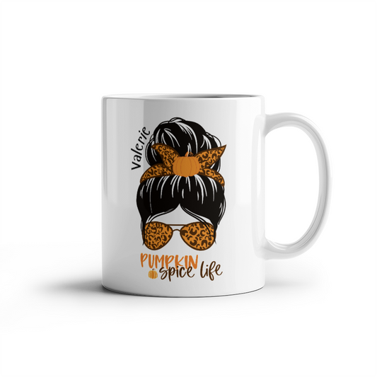 White Ceramic Mug, Halloween themed, Personalized Pumpkin Spice Life Mug for her