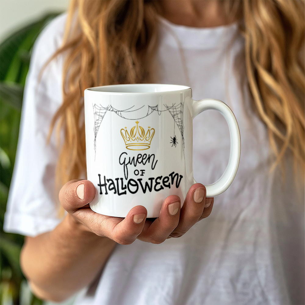 White Ceramic Mug, Halloween themed, Queen of Halloween