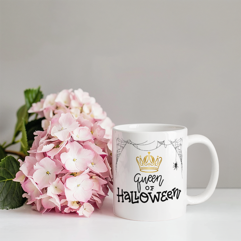 White Ceramic Mug, Halloween themed, Queen of Halloween