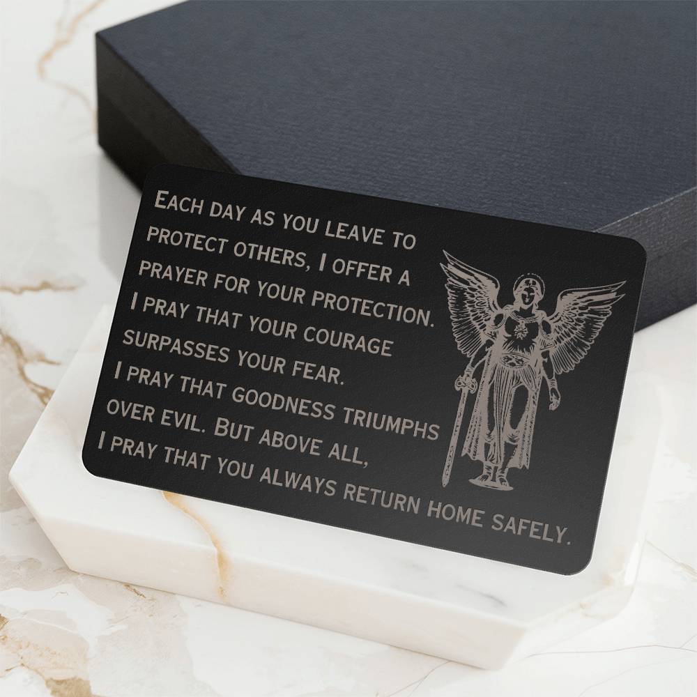 Engraved Wallet Card, St. Michael Guardian Angel Prayer card, for police officer, firefighter, rescue workers