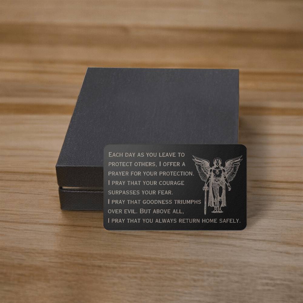 Engraved Wallet Card, St. Michael Guardian Angel Prayer card, for police officer, firefighter, rescue workers