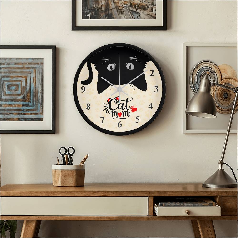 Wood Frame 10” Clock, Cat Mom Clock