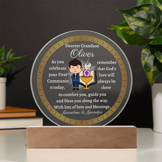 Printed Circle Acrylic Plaque for Grandson for First Holy Communion