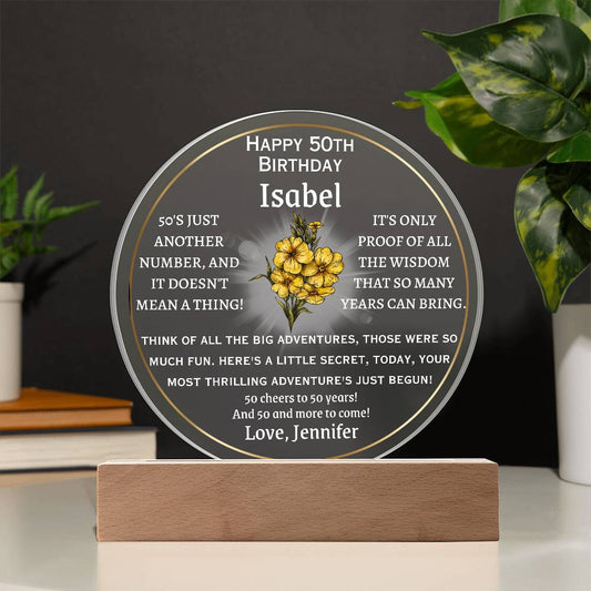 Printed Circle Acrylic Plaque, 50th Birthday Gift for Women, sister, aunt, friend, wife, birth month flower