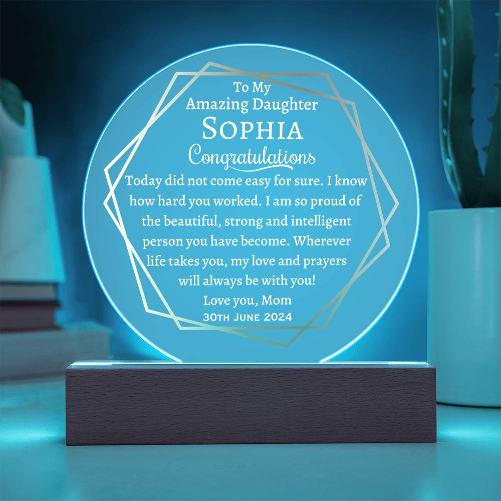 Printed Circle Acrylic Plaque with LED, graduation gift for daughter, class of 2024