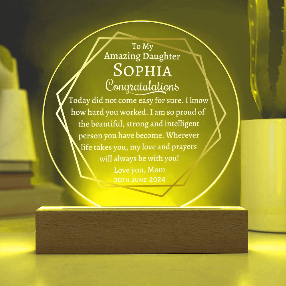 Printed Circle Acrylic Plaque with LED, graduation gift for daughter, class of 2024