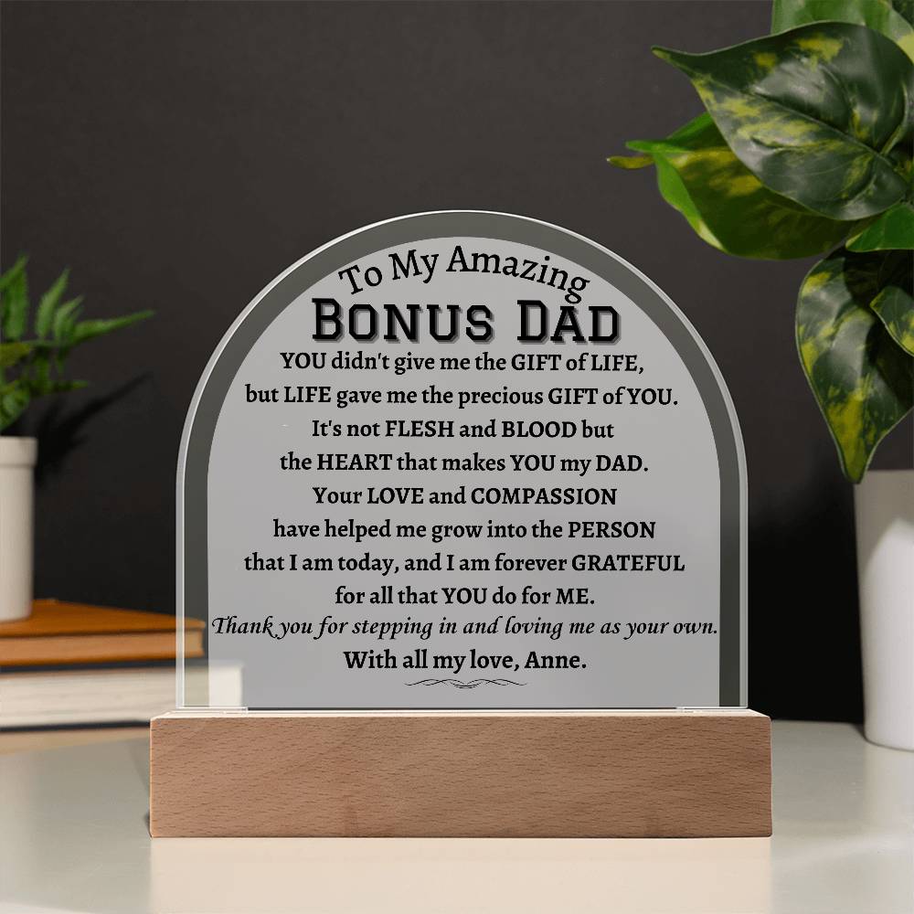 Printed Acrylic Dome Plaque with LED, gift for Bonus Dad on Father's Day, his birthday, Christmas, thanksgiving